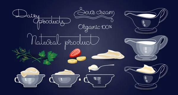 Produits du journal, fruits, ustensiles de cuisine et mots écrits à la main . — Image vectorielle