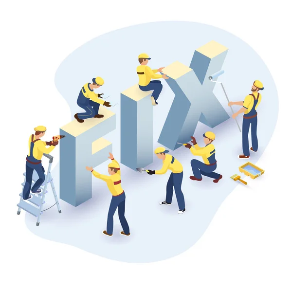 Palabra isométrica Fix, Equipo de Trabajadores y herramientas. Vector . — Vector de stock