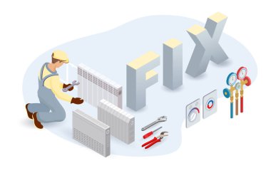 Konveksiyon ısıtıcısı, işçi, izometrik kelime tamiri. Ev aletleri tamiri. Vektör.