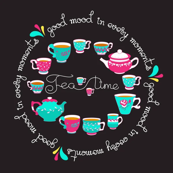 Tea time. Lettering with cups isolated on black. Vector. — Stock Vector