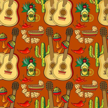 Meksika tatili kusursuz. Geleneksel Meksika sembolleri ve eşyaları. Vektör.