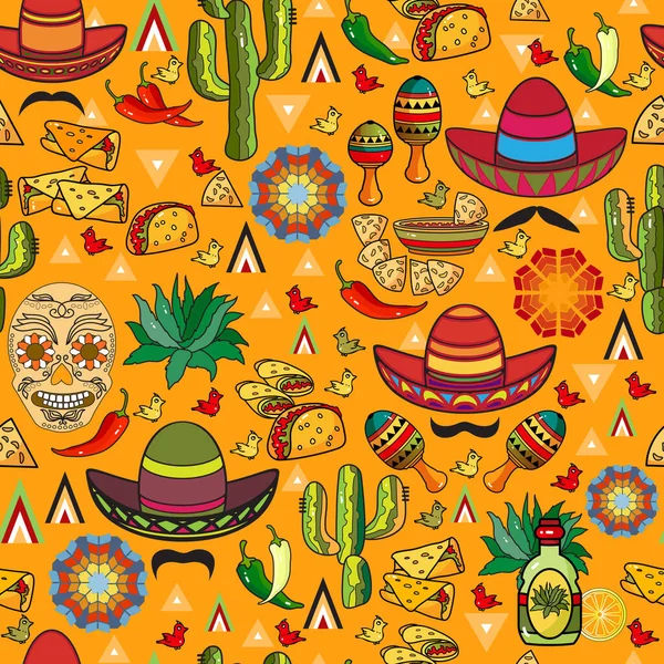 墨西哥节日病媒无缝模式。骷髅、龙舌兰、马德拉、仙人掌、辣椒. — 图库矢量图片