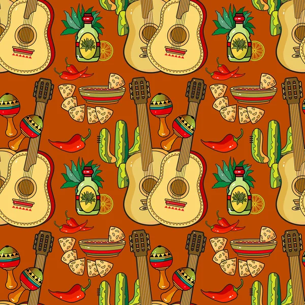 Patrón de vacaciones mexicana sin costuras. Símbolos y objetos tradicionales mexicanos. Vector. — Vector de stock