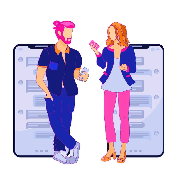 El hombre y la mujer se comunican, usando smartphone. Charlando, blogueando. Ilustración vectorial. — Vector de stock