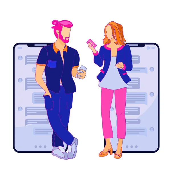 Man en vrouw communiceren, met behulp van smartphone. Praten, bloggen. Vectorillustratie. — Stockvector