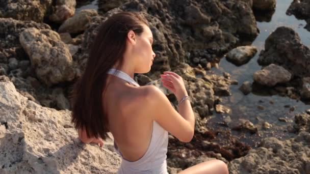 时尚视频 美丽的年轻女子与黑头发在优雅的海滩衣服摆姿势在海边 — 图库视频影像