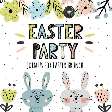 Paskalya Partisi Davetiyesi şirin bunnies İskandinav tarzı ile. Vektör çizim