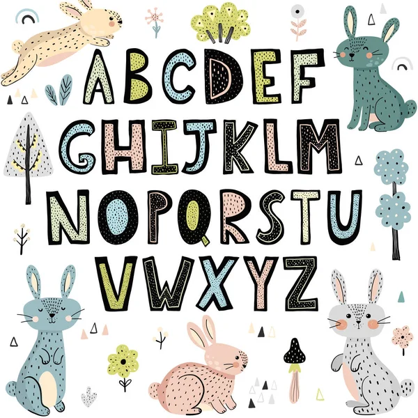 Алфавит Милыми Кроликами Ручные Рисованные Буквы Векторная Иллюстрация — стоковый вектор