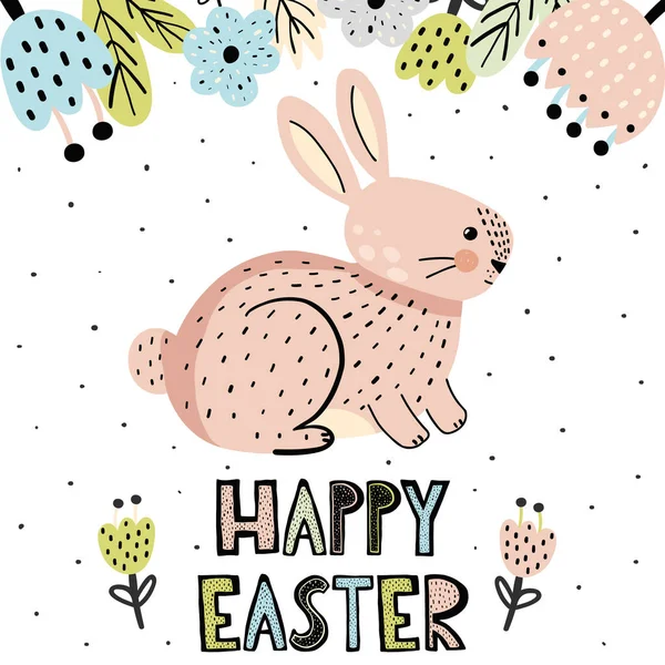 Happy Easter  greeting card with a cute bunny in scandinavian style. Vector illustration