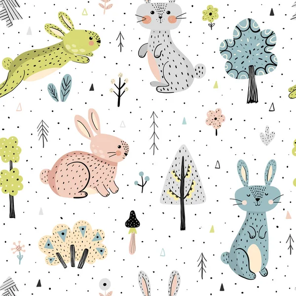 รูปแบบไร้รอยกับกระต่ายในป่า — ภาพเวกเตอร์สต็อก