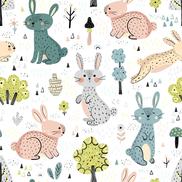 Conejos en el bosque patrón sin costuras lindo en estilo escandinavo — Vector de stock