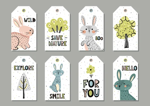 Jolies Étiquettes Cadeaux Lapins Dans Style Scandinave Illustration Vectorielle — Image vectorielle