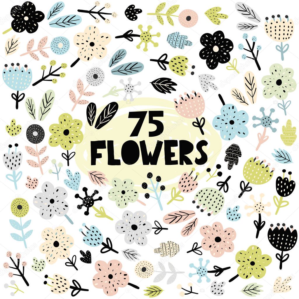 Set of flowers and plants in scandinavian style. Cute spring and nature elements for greeting cards, prints. Vector illustration