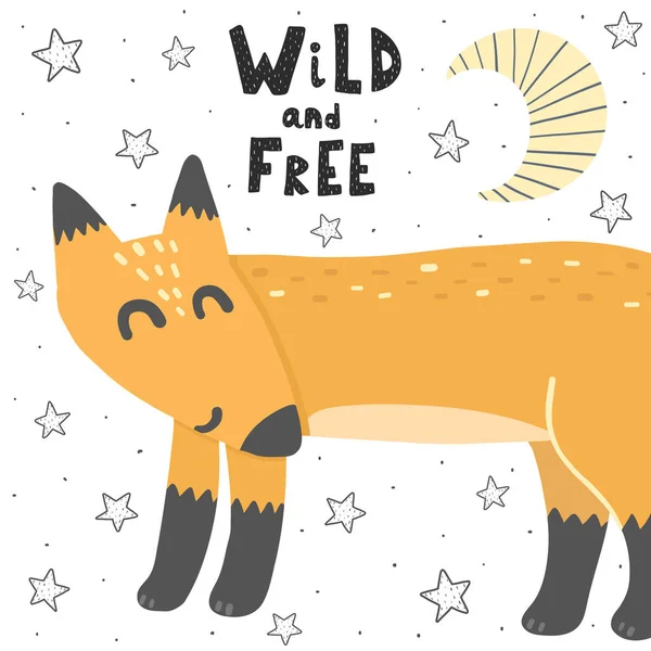 Wild Free Vector Illustration Fox Hand Drawn Cute Print Cards — Stock Vector