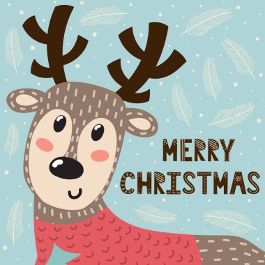 Neşeli Noel tebrik kartı ile sevimli bir geyik. Tatil arka plan. Vektör çizim