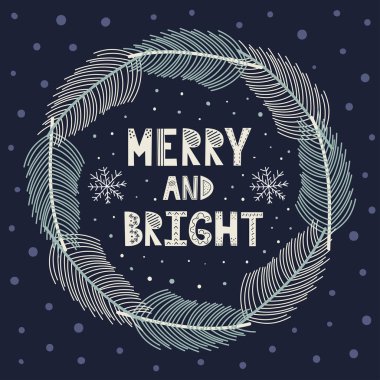 Merry ve parlak Noel çelenk köknar cay ile. Kış kartı. Vektör çizim