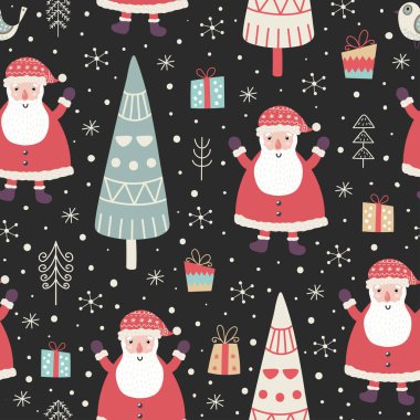 Kış şirin bir Noel, Noel ağaçları, hediyeler ve kar taneleri ile seamless modeli. Vektör çizim