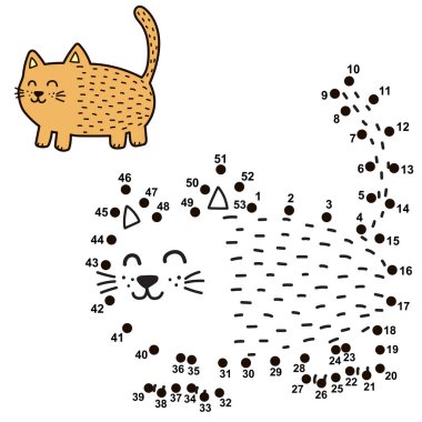 Noktaları Birleştir ve komik şişman kedi çizin. Sayı oyunu çocuklar için. Vektör çizim