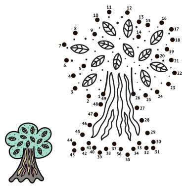 Noktalar bağlayın ve bir ağacı çizmek. Sayı oyunu çocuklar için. Vektör çizim