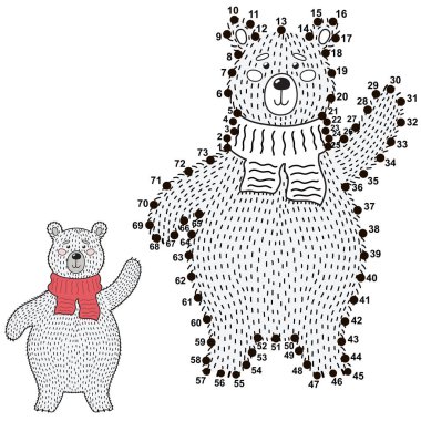 Noktaları Birleştir ve şirin bir kutup ayısı çizin. Sayı oyunu çocuklar için. Vektör çizim