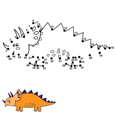 Noktaları Birleştir ve şirin bir dinozor çizin. Triceratops. Sayı oyunu çocuklar için. Vektör çizim