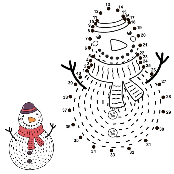 Connectez Les Points Dessinez Bonhomme Neige Drôle Chiffres Noël Jeu — Image vectorielle