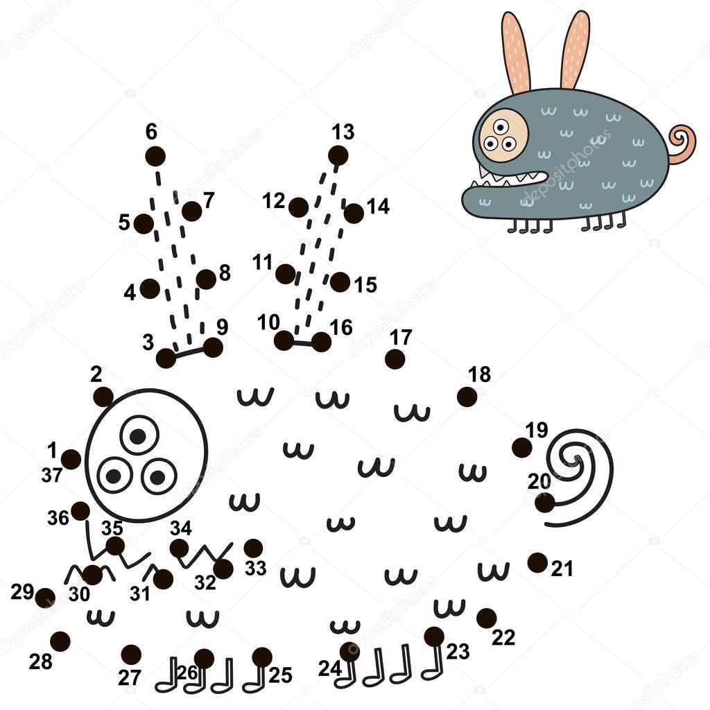 Connect the dots and draw a cute monster. Numbers game for children. Great for Halloween activities. Vector illustration