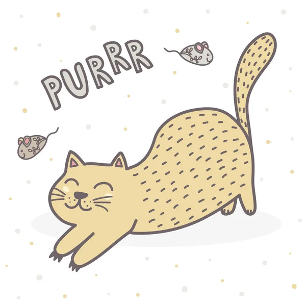 Cute Mendengkur Kucing Cetak Kartu Lucu Untuk Anak Anak Ilustrasi - Stok Vektor