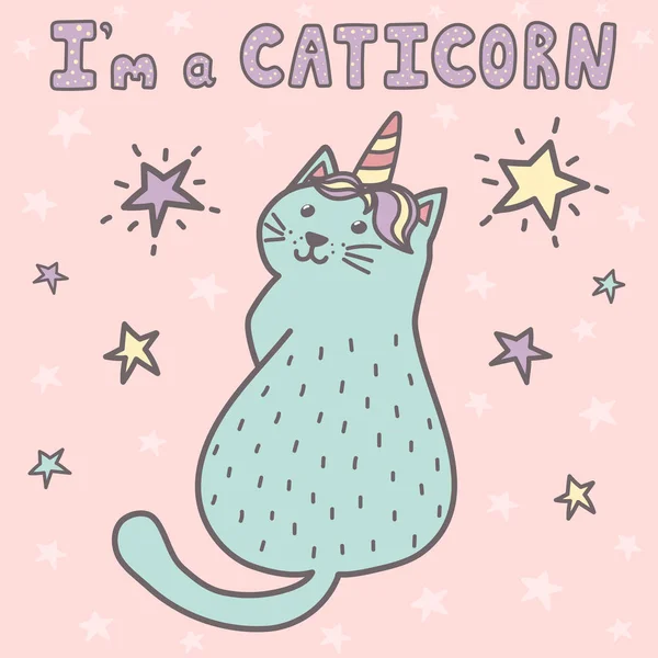 Een Caticorn Afdrukken Leuke Kaart Met Een Kat Eenhoorn Vectorillustratie — Stockvector