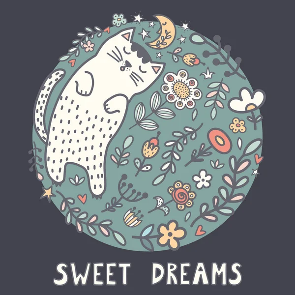 Открытка Сладких Снов Милой Спящей Кошкой Цветах Векторная Иллюстрация — стоковый вектор
