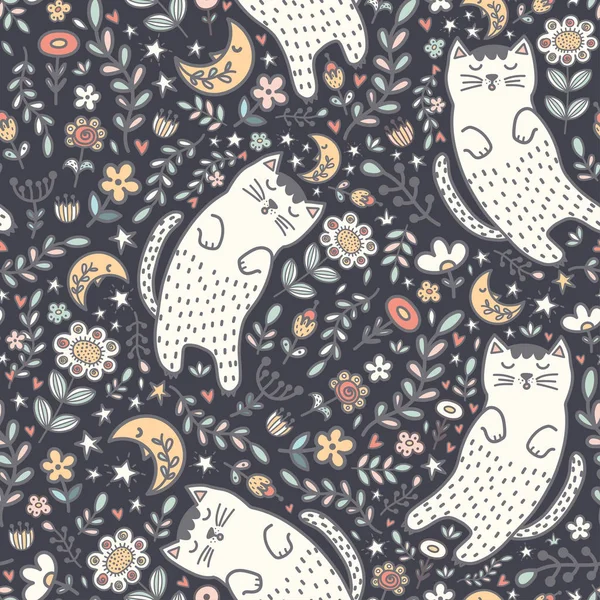 Roztomilý Vzor Bezešvé Roztomilý Kočka Spící Rostlinách Dobrou Noc Pozadí — Stockový vektor