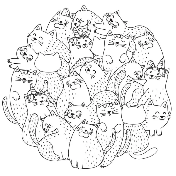 Doodle Roztomilé Kočky Zbarvení Stránky Legrační Kruhu Tvar Tisku Vektorové — Stockový vektor