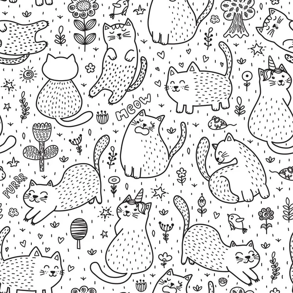 Aranyos Macskák Nyári Varrat Nélküli Mintát Fekete Fehér Doodle Háttér — Stock Vector
