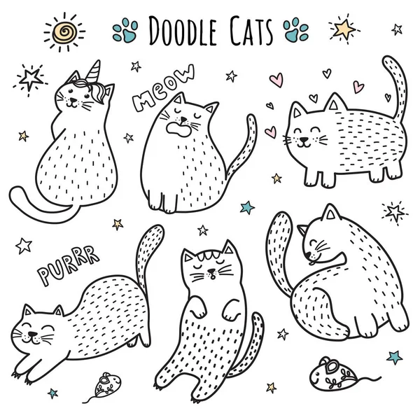 Pisici Drăguțe Trase Mână Doodle Colecţie Amuzantă Pisoi Ilustrație Vectorială — Vector de stoc