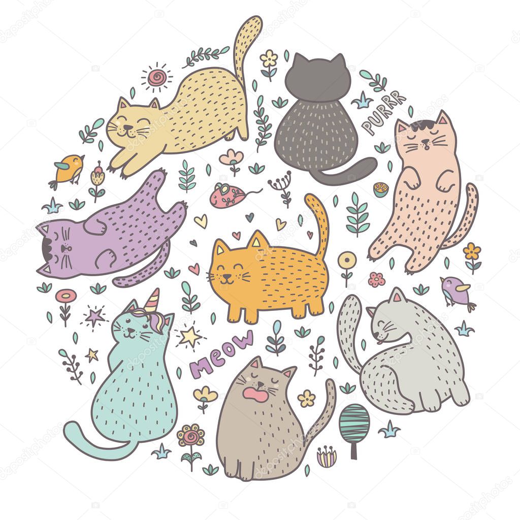 Circle shape print with cute cats. Funny pattern great for t-shirts, bags, fabric and textile. Vector illustration