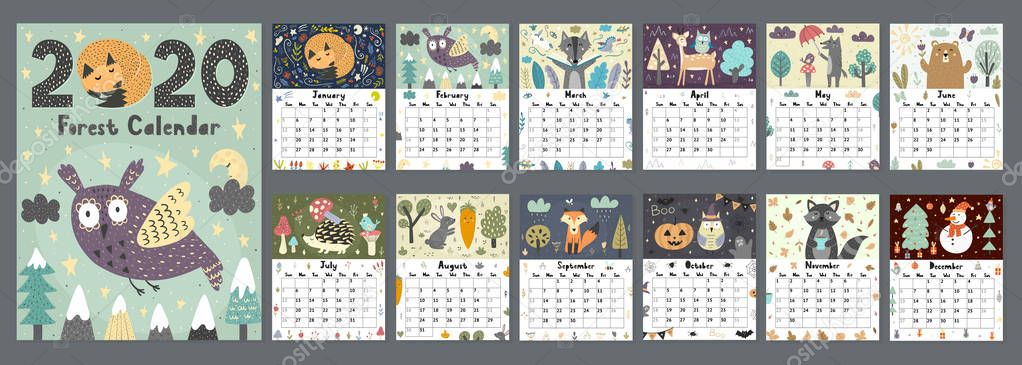 Forest calendar for 2020 year. Printable planner of 12 months with cute animals. Week starts on Sunday, 8,5x11 inches size