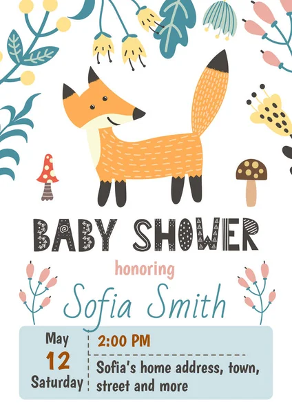 Baby Shower Szablon Zaproszenia Cute Lisa Ilustracja Wektorowa — Wektor stockowy