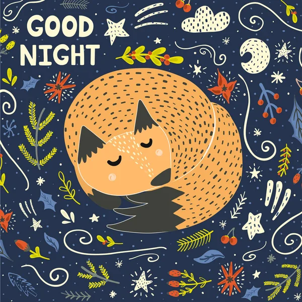 Goede Nacht Kaart Met Een Schattige Slapende Vos Vector Illustratie — Stockvector