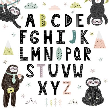 Sevimli tembel ile komik alfabe. Çocuklar için Abc
