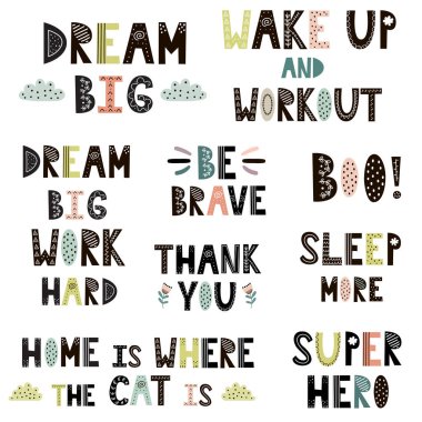 İskandinav tarzı set el çizilmiş tırnak. Sevimli önceden yazılmış yazı cümleleri