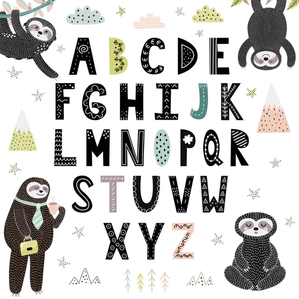 Grappig alfabet met leuke luiaards. ABC voor kinderen — Stockvector