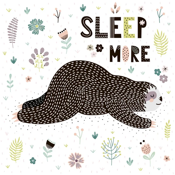 Slaap meer kaart met een schattige slapende luiaard. Grappige print geweldig voor t-shirt of poster ontwerp — Stockvector