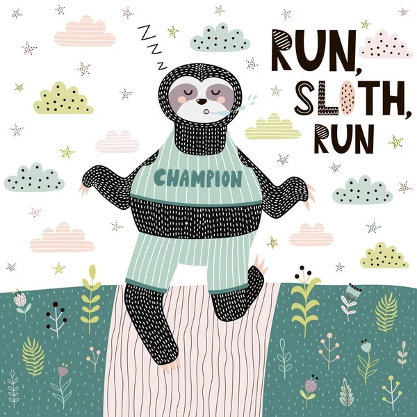 Run Sloth vicces Print. Aranyos kártya alszik és futó lajhár skandináv stílusban — Stock Vector