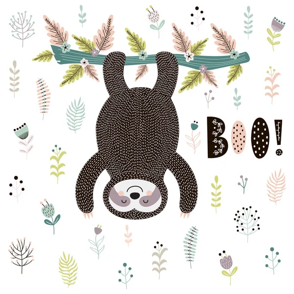 Бу! Симпатичный отпечаток с ленивцем, свисающим с дерева — стоковый вектор