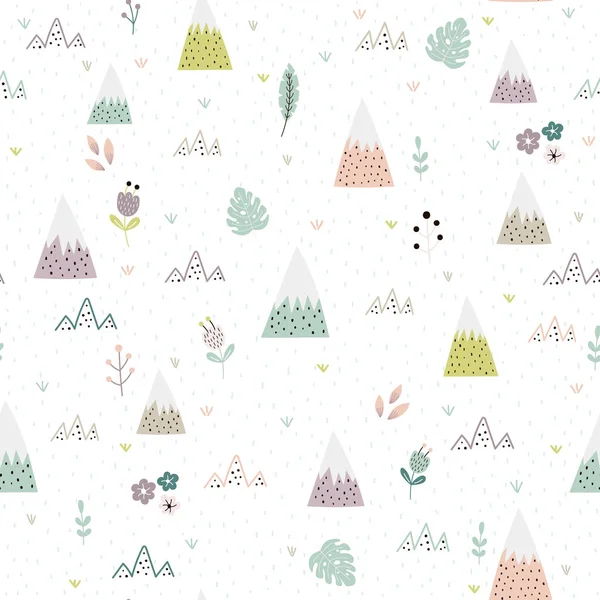 Mignonnes montagnes, plantes et fleurs paysage motif sans couture — Image vectorielle