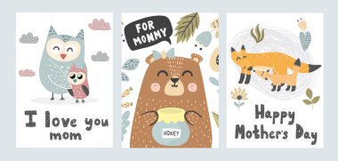 Mother���s Day greeting cards collection. Cute animals prints vector Mother���s Day greeting cards collection. Cute animals prints vector