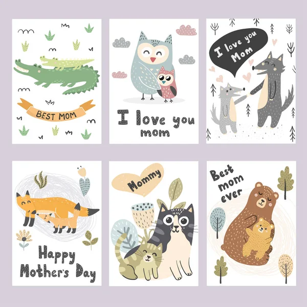 Colección de tarjetas de felicitación del Día de la Madre jalá. Animales lindos estampados — Vector de stock
