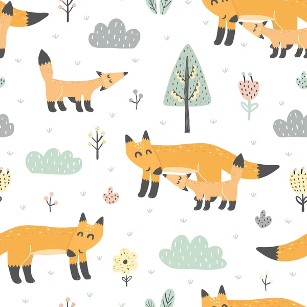 Seamless pattern with cute foxes - mother and baby — Stock Vector