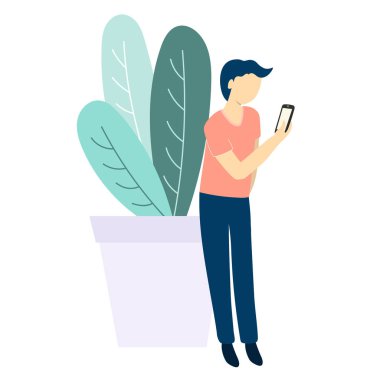 Cep telefonu ve bitki ile adam. Düz stil