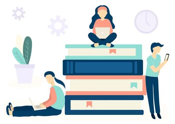 Online education concept for web design. People sitting on books